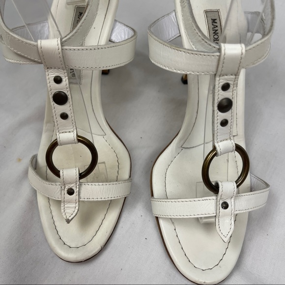 Manolo Blahnik White Studded T-strap Ankle Wrap Heels - Picture 4 of 10